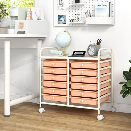 Costway 12 Drawers Rolling Storage Cart for Home and Office-Peach