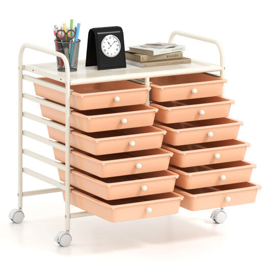 Costway 12 Drawers Rolling Storage Cart for Home and Office-Peach