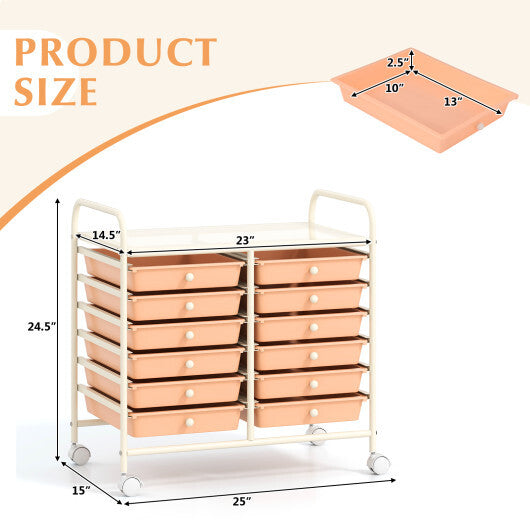 Costway 12 Drawers Rolling Storage Cart for Home and Office-Peach