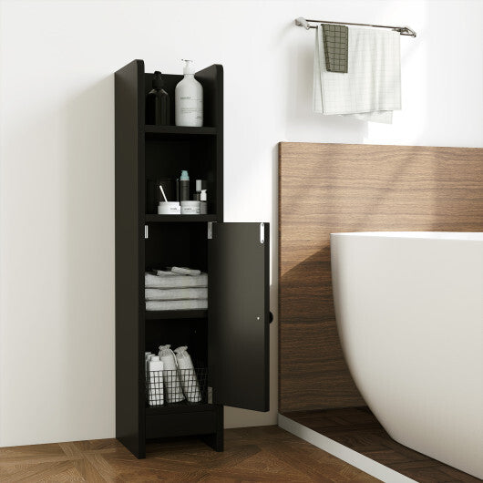 Costway Bathroom Slim Cabinet Corner with Door and Adjustable Shelf-Black
