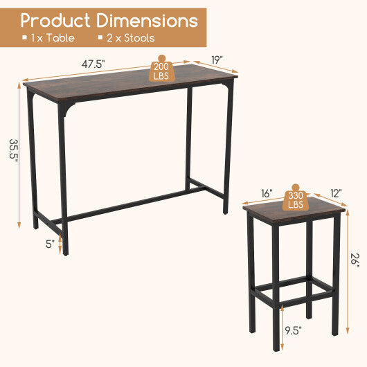 Costway Industrial 3-Piece 47.5" Counter-Height Dining Table and 2 Bar Stools-Coffee