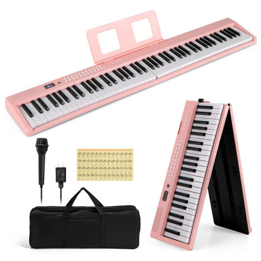 Costway 88 Key Foldable Electric Keyboard Piano with Wireless MIDI and Dual Speakers Pink