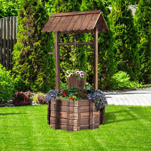 Costway Outdoor Wooden Wishing Well Bucket Flower Plants Planter Patio Garden Home Decor W2B