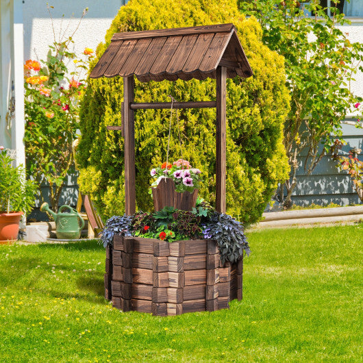 Costway Outdoor Wooden Wishing Well Bucket Flower Plants Planter Patio Garden Home Decor W2B