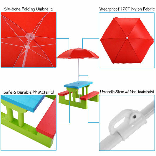 Costway 4 Seat Kids Picnic Table with Umbrella Garden Folding Children Bench Outdoor PP W2B