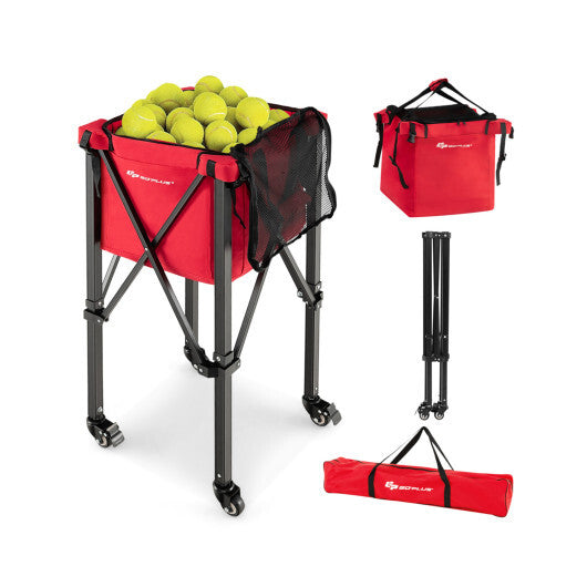 Costway Lightweight Foldable Tennis Ball Teaching Cart with Wheels and Removable Bag-Red W2B