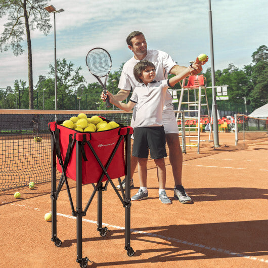 Costway Lightweight Foldable Tennis Ball Teaching Cart with Wheels and Removable Bag-Red W2B