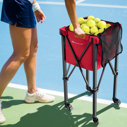 Costway Lightweight Foldable Tennis Ball Teaching Cart with Wheels and Removable Bag-Red W2B