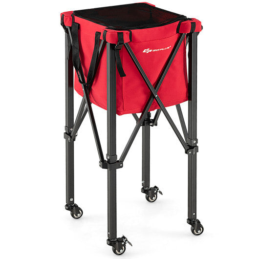 Costway Lightweight Foldable Tennis Ball Teaching Cart with Wheels and Removable Bag-Red W2B