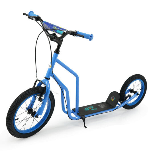 Costway Youth Scooter with Adjustable Handlebar and 16/14-Inch Inflatable Wheels for Age 8+ Years Old-Blue W2B