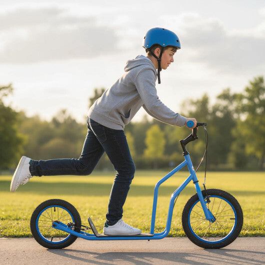 Costway Youth Scooter with Adjustable Handlebar and 16/14-Inch Inflatable Wheels for Age 8+ Years Old-Blue W2B