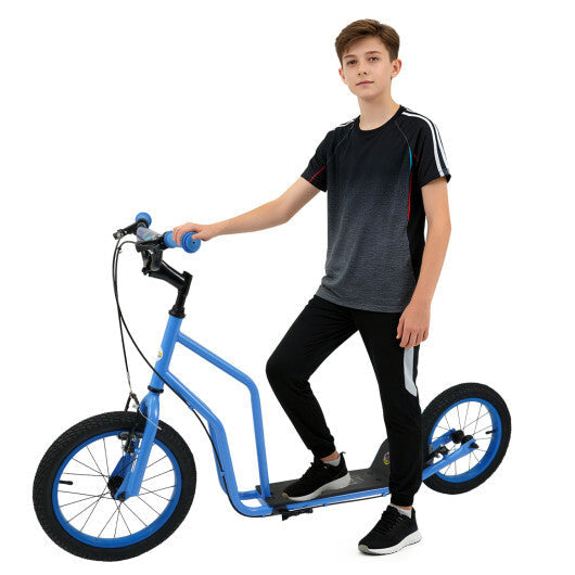 Costway Youth Scooter with Adjustable Handlebar and 16/14-Inch Inflatable Wheels for Age 8+ Years Old-Blue W2B