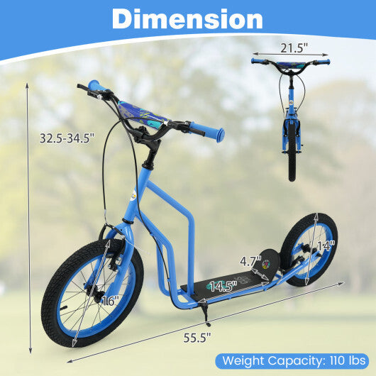 Costway Youth Scooter with Adjustable Handlebar and 16/14-Inch Inflatable Wheels for Age 8+ Years Old-Blue W2B