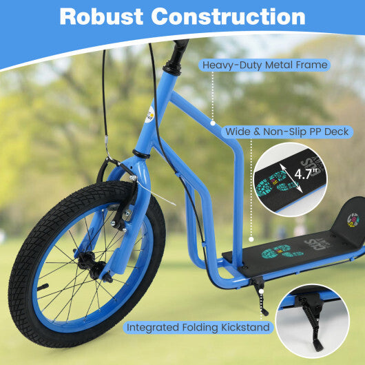 Costway Youth Scooter with Adjustable Handlebar and 16/14-Inch Inflatable Wheels for Age 8+ Years Old-Blue W2B