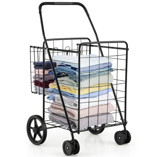Costway Folding Shopping Cart Jumbo Basket Grocery Laundry with Swivel Wheels Black