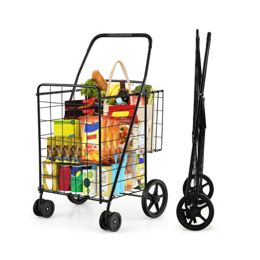 Costway Folding Shopping Cart Jumbo Basket Grocery Laundry with Swivel Wheels Black