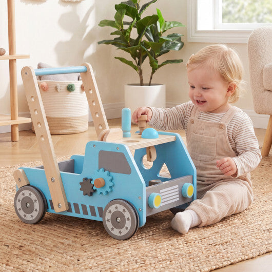 Costway 2-in-1 Wooden Baby Walker with Adjustable Speed and Bottom Storage-Blue W2B