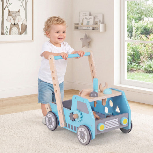 Costway 2-in-1 Wooden Baby Walker with Adjustable Speed and Bottom Storage-Blue W2B