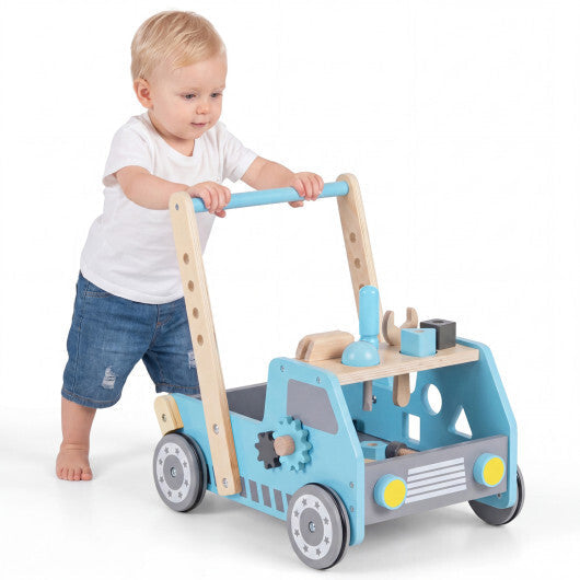 Costway 2-in-1 Wooden Baby Walker with Adjustable Speed and Bottom Storage-Blue W2B