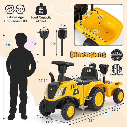 Costway Kids Ride on Tractor Licensed Caterpillar with Detachable Trailer No Power Yellow