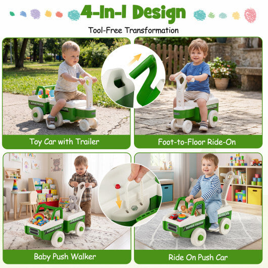 Costway 4 in 1 Ride on Push Car with Music and Under-Seat Storage for Boys Girls-Green W2B