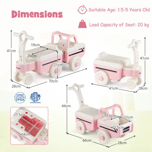 Costway 4 in 1 Ride on Push Car with Music and Under-Seat Storage for Boys Girls-Pink W2B