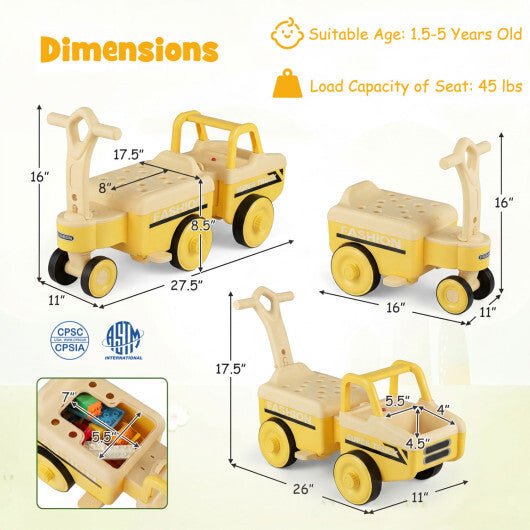 Costway 4 in 1 Ride on Push Car with Music and Under-Seat Storage for Boys Girls-Yellow W2B