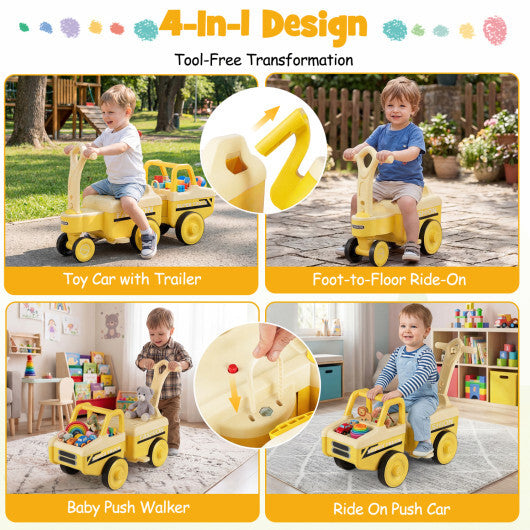 Costway 4 in 1 Ride on Push Car with Music and Under-Seat Storage for Boys Girls-Yellow W2B