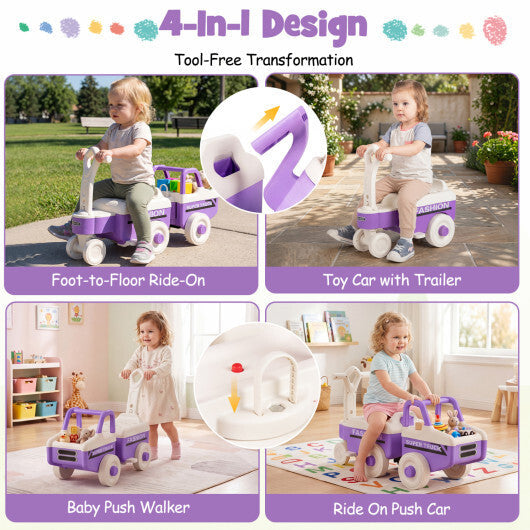 Costway 4 in 1 Ride on Push Car with Music and Under-Seat Storage for Boys Girls-Purple W2B