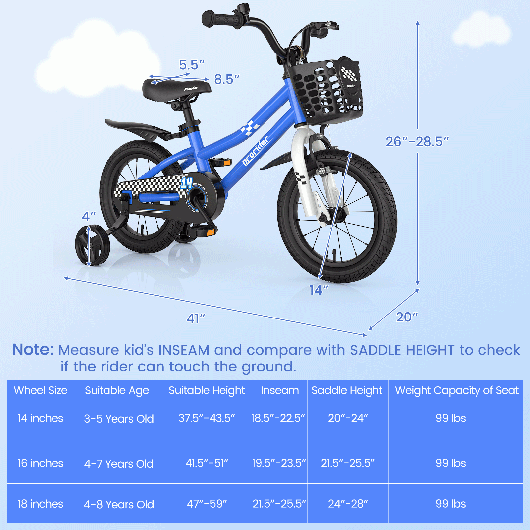 Prorider 14'' Kid's Bike with Removable Training Wheels & Basket for 3-5 Years Old Blue W2B