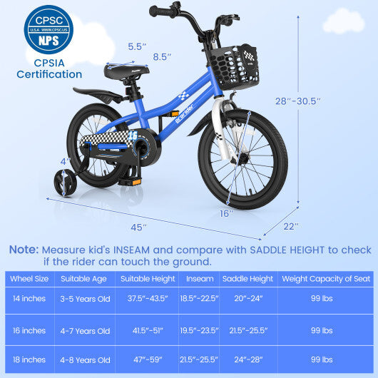 Costway 16'' Kid's Bike with Removable Training Wheels & Basket for 4-7 Years Old Blue W2B