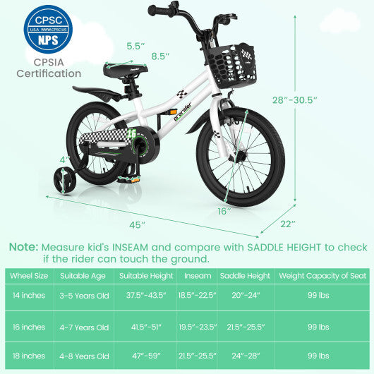 Costway 16'' Kid's Bike with Removable Training Wheels & Basket for 4-7 Years Old White W2B