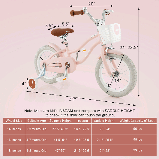 Costway 14'' Kid's Bike with Removable Training Wheels & Basket for 3-5 Years Old Pink W2B