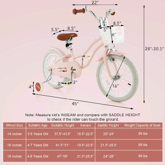 Costway 16'' Kids Bike Toddler Adjustable Bicycle withTraining Wheel for 4-8 Years Old Girl Pink W2B