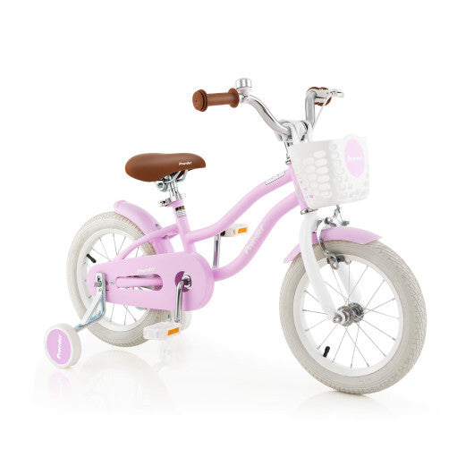 Costway 14'' Kid's Bike with Removable Training Wheels & Basket for 3-5 Years Old Purple