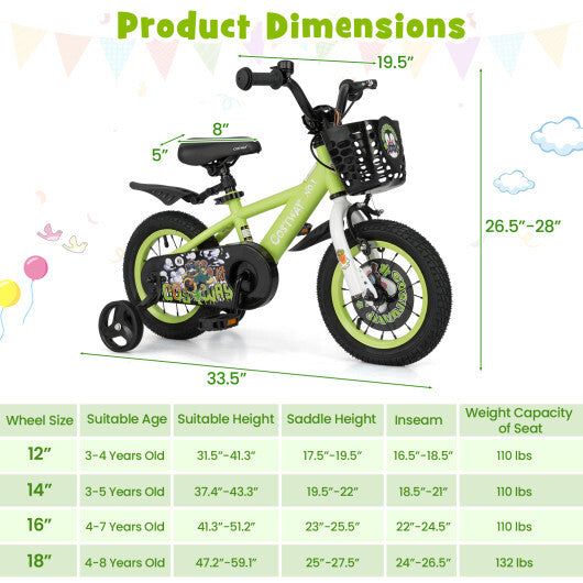 Costway 12 Inch Kids Bike Adjustable with Detachable Training Wheels for 3-4 Years Old-12 inches