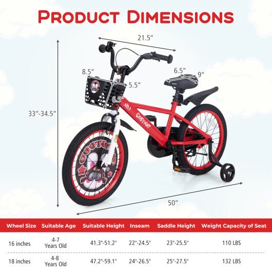 Costway 18 Inch Kids Bike Adjustable with Storage Basket and Double Brake for 4-8 Years Old Red W2B
