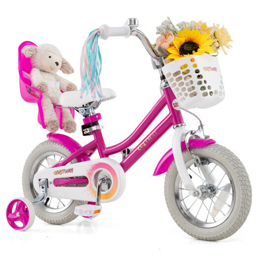 Costway Kids Bike 12 Inch with Training Wheels and 2 Brake System for 3-4 Years Old Rose Red