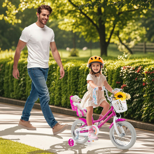 Costway Kids Bike 12 Inch with Training Wheels and 2 Brake System for 3-4 Years Old Rose Red W2B