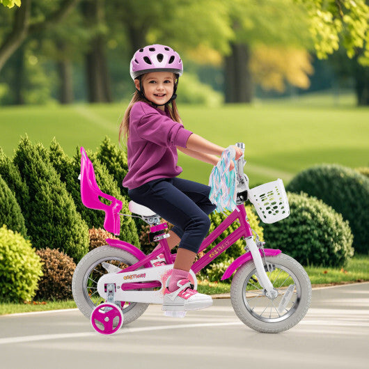 Costway Kids Bike 12 Inch with Training Wheels and 2 Brake System for 3-4 Years Old Rose Red