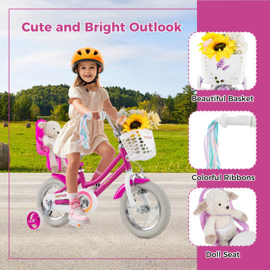 Costway Kids Bike 12 Inch with Training Wheels and 2 Brake System for 3-4 Years Old Rose Red