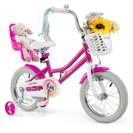Costway Kids Bike 14 Inch with Training Wheels and 2 Brake System for 3-5 Years Old Rose Red