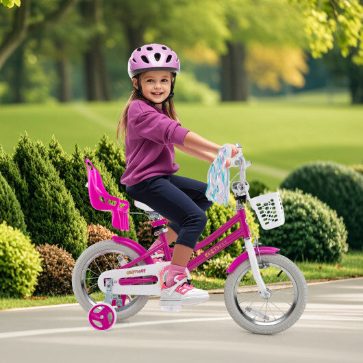 Costway Kids Bike 14 Inch with Training Wheels and 2 Brake System for 3-5 Years Old Rose Red