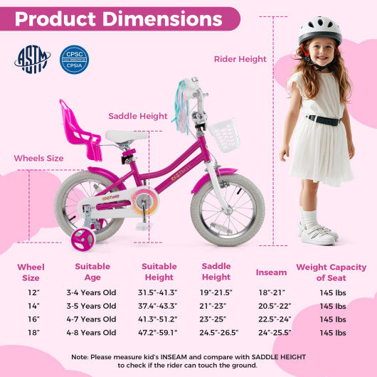 Costway Kids Bike 14 Inch with Training Wheels and 2 Brake System for 3-5 Years Old Rose Red