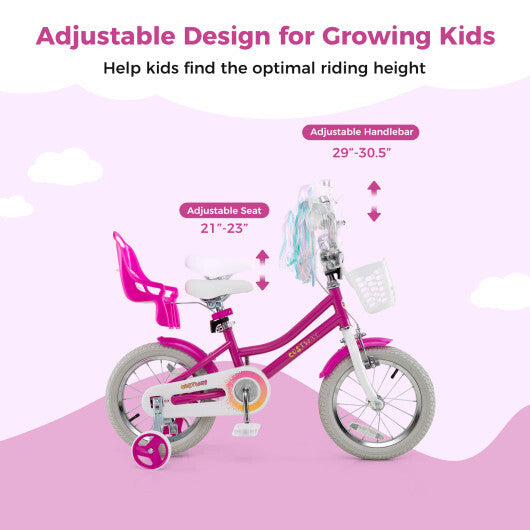 Costway Kids Bike 14 Inch with Training Wheels and 2 Brake System for 3-5 Years Old Rose Red