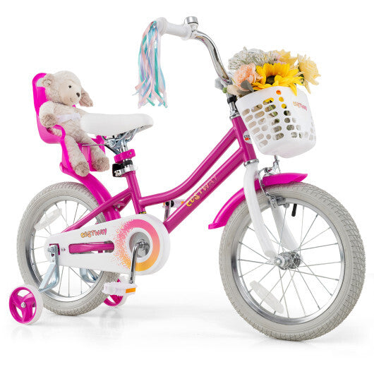 Costway Kids Bike 16 Inch with Training Wheels and 2 Brake System for 4-7 Years Old Rose Red