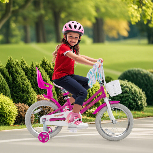 Costway Kids Bike 16 Inch with Training Wheels and 2 Brake System for 4-7 Years Old Rose Red