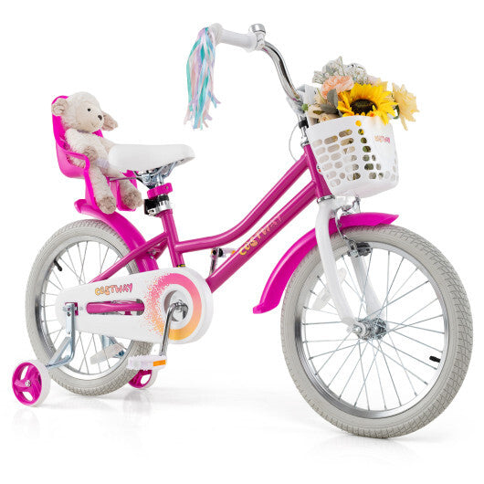 Costway Kids Bike 18 Inch with Training Wheels and 2 Brake System for 4-8 Years Old Rode Red