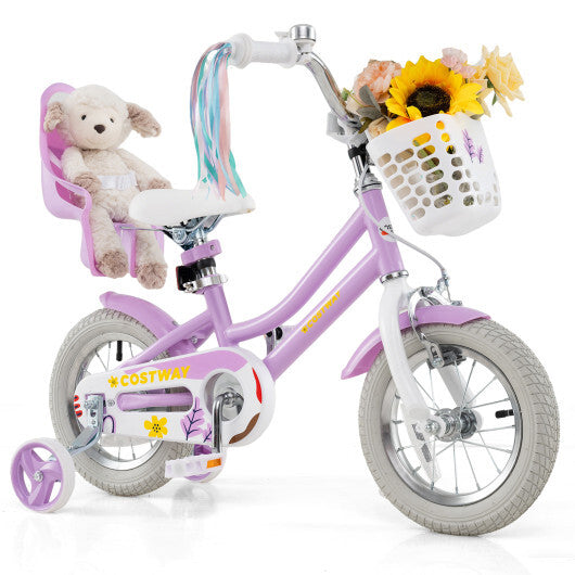 Costway 12 Inch Girls Bike Kids Bicycle with Doll Seat and Streamers for Children 3-4 Years Old Purple