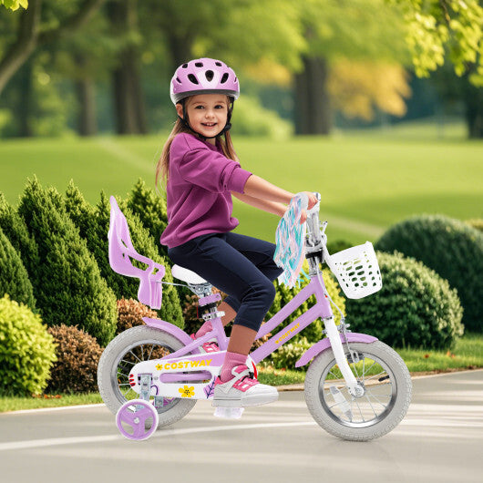 Costway 12 Inch Girls Bike Kids Bicycle with Doll Seat and Streamers for Children 3-4 Years Old Purple